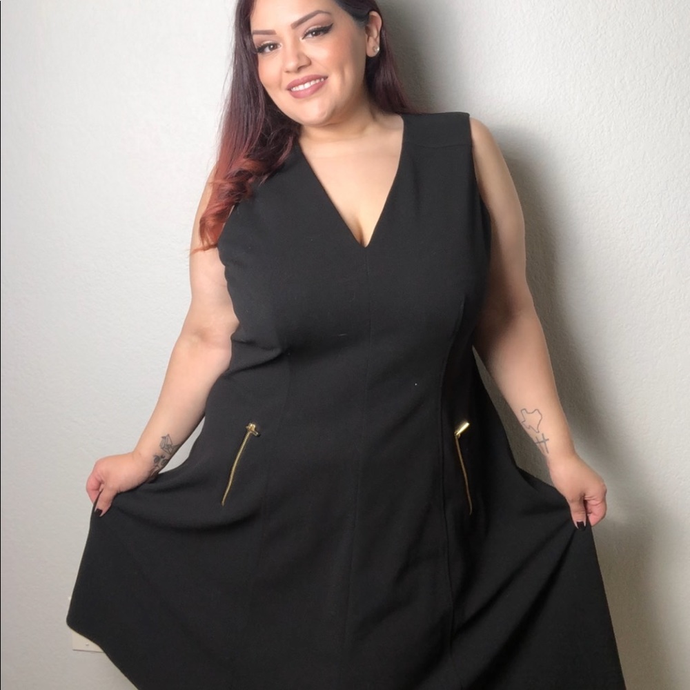 Calvin Klein Black Plus Dress with gold accent